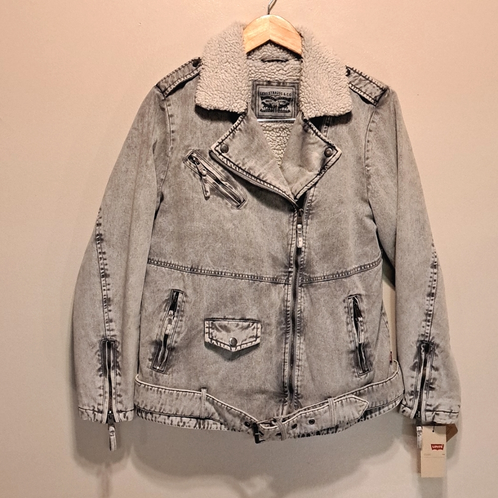 Levi's Washed Grey Denim-Sherpa Fall/Winter Biker Jacket/Coat Size M - Picture 5 of 15